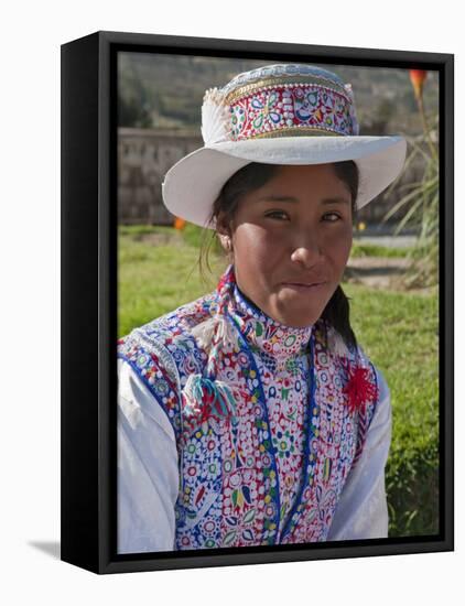 Peru, a Collaya Women at the Main Square of Yanque, a Village in the Colca Canyon-Nigel Pavitt-Framed Stretched Canvas