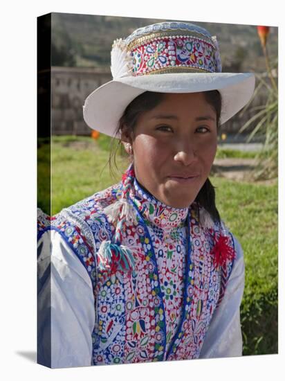 Peru, a Collaya Women at the Main Square of Yanque, a Village in the Colca Canyon-Nigel Pavitt-Stretched Canvas