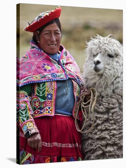 Peru, a Female with an Alpaca at Abra La Raya-Nigel Pavitt-Stretched Canvas