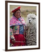 Peru, a Female with an Alpaca at Abra La Raya-Nigel Pavitt-Framed Premium Photographic Print