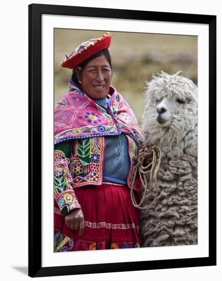 Peru, a Female with an Alpaca at Abra La Raya-Nigel Pavitt-Framed Premium Photographic Print