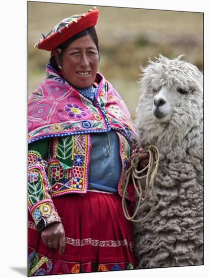 Peru, a Female with an Alpaca at Abra La Raya-Nigel Pavitt-Mounted Premium Photographic Print