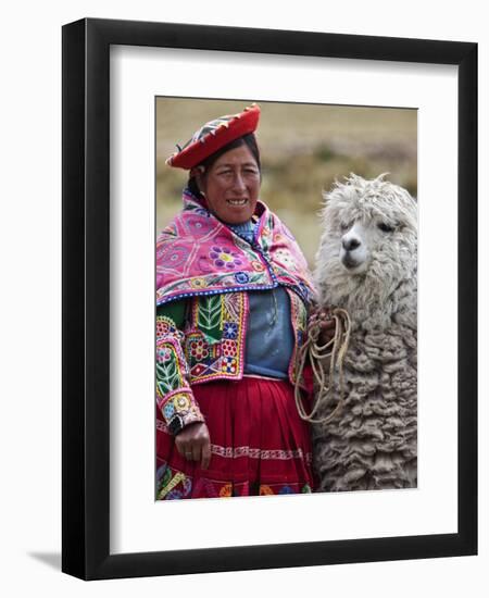 Peru, a Female with an Alpaca at Abra La Raya-Nigel Pavitt-Framed Premium Photographic Print