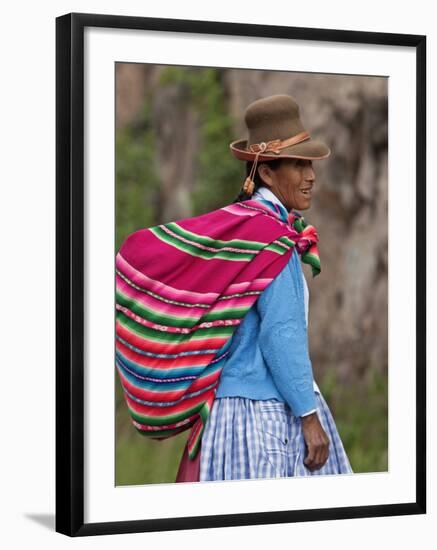 Peru; an Indian Woman Wearing Carries Her Farm Produce to Market in a Brightly Coloured Blanket-Nigel Pavitt-Framed Photographic Print