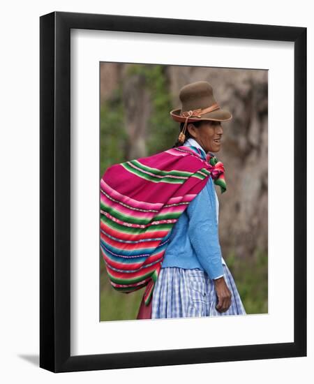 Peru; an Indian Woman Wearing Carries Her Farm Produce to Market in a Brightly Coloured Blanket-Nigel Pavitt-Framed Premium Photographic Print