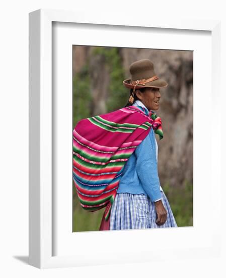 Peru; an Indian Woman Wearing Carries Her Farm Produce to Market in a Brightly Coloured Blanket-Nigel Pavitt-Framed Photographic Print