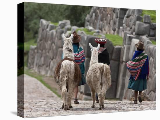 Peru, Native Indian Women Lead their Llamas Past the Ruins of Saqsaywaman-Nigel Pavitt-Stretched Canvas