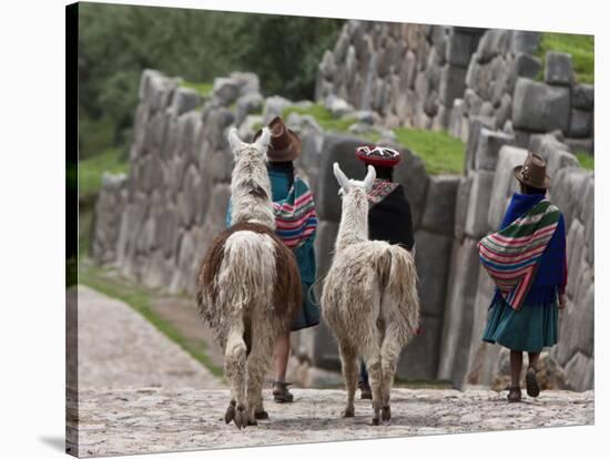 Peru, Native Indian Women Lead their Llamas Past the Ruins of Saqsaywaman-Nigel Pavitt-Stretched Canvas