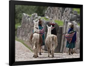 Peru, Native Indian Women Lead their Llamas Past the Ruins of Saqsaywaman-Nigel Pavitt-Framed Photographic Print