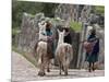 Peru, Native Indian Women Lead their Llamas Past the Ruins of Saqsaywaman-Nigel Pavitt-Mounted Photographic Print