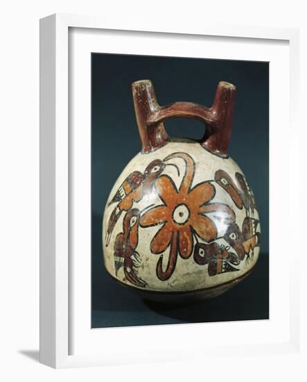 Peru, Nazca Culture, Double Spout and Bridge Vessel with Painted Hummingbirds around Flower-null-Framed Giclee Print