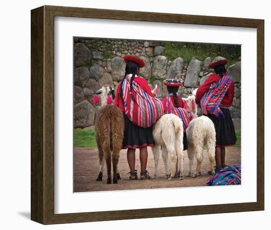 Peruvian Girls & Alpacas Peru-null-Framed Art Print