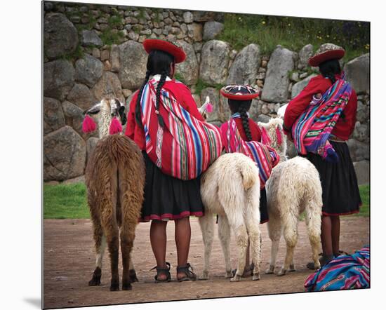 Peruvian Girls & Alpacas Peru-null-Mounted Art Print