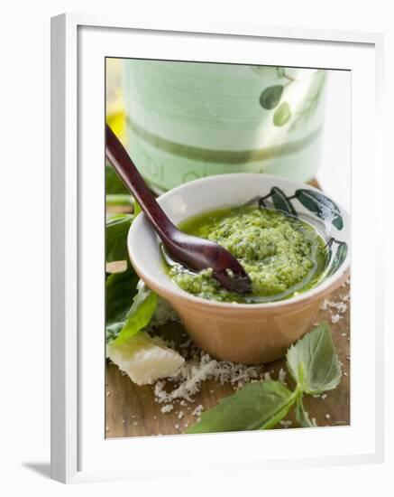 Pesto with Olive Oil in Small Bowl, Basil, Parmesan-null-Framed Photographic Print