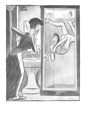 Man drowning in a shower stall motions to wife to open door. - New Yorker Cartoon