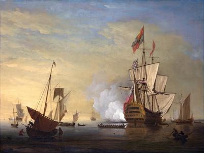 Harbor Scene: an English Ship with Sails Loosened Firing a Gun