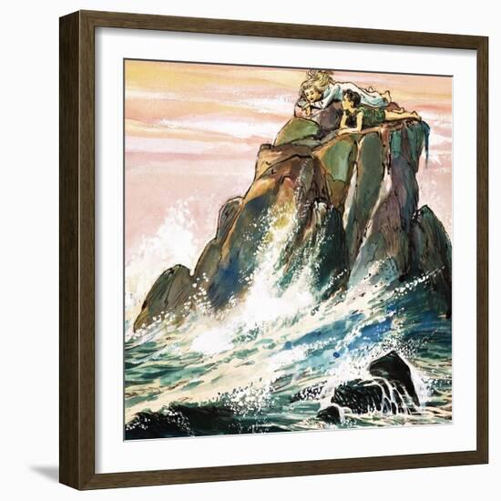 Peter Pan and Wendy Darling on a Rock, Illustration from 'Peter Pan' by J.M. Barrie-Nadir Quinto-Framed Giclee Print