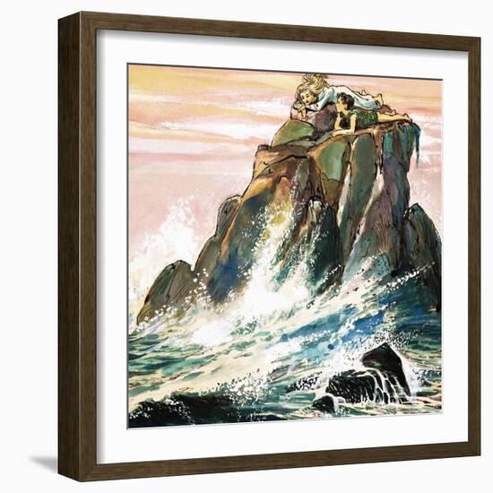 Peter Pan and Wendy Darling on a Rock, Illustration from 'Peter Pan' by J.M. Barrie-Nadir Quinto-Framed Giclee Print