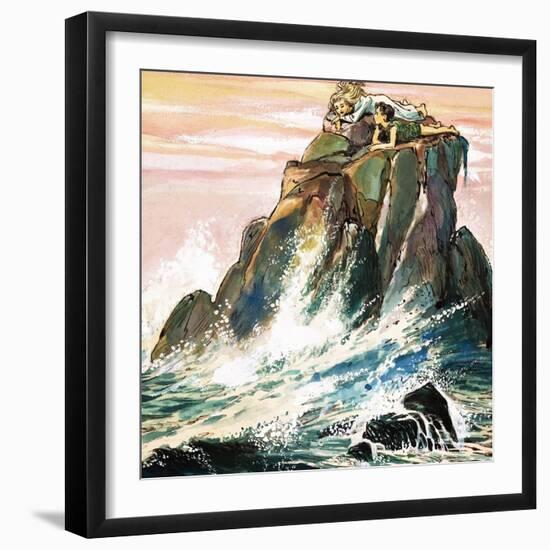 Peter Pan and Wendy Darling on a Rock, Illustration from 'Peter Pan' by J.M. Barrie-Nadir Quinto-Framed Giclee Print