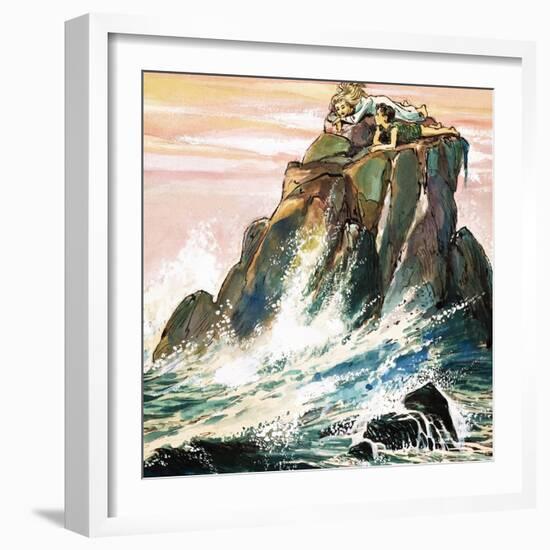 Peter Pan and Wendy Darling on a Rock, Illustration from 'Peter Pan' by J.M. Barrie-Nadir Quinto-Framed Giclee Print