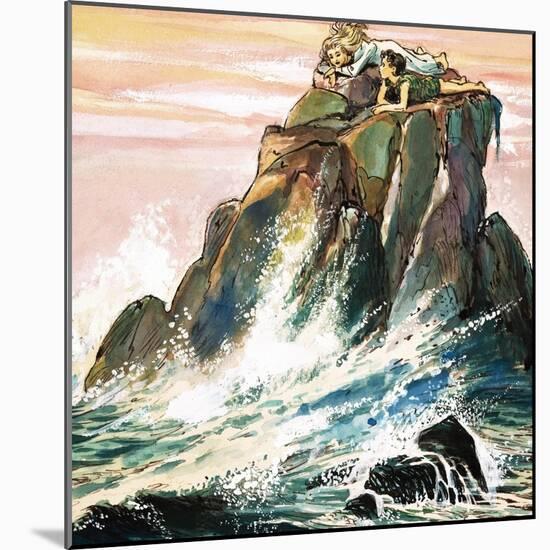 Peter Pan and Wendy Darling on a Rock, Illustration from 'Peter Pan' by J.M. Barrie-Nadir Quinto-Mounted Giclee Print