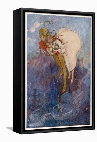 Peter Pan and Wendy Float Away Over the City-Alice B. Woodward-Framed Stretched Canvas