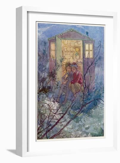 Peter Pan and Wendy Sit on the Doorstep of the Wendy House-Alice B. Woodward-Framed Photographic Print