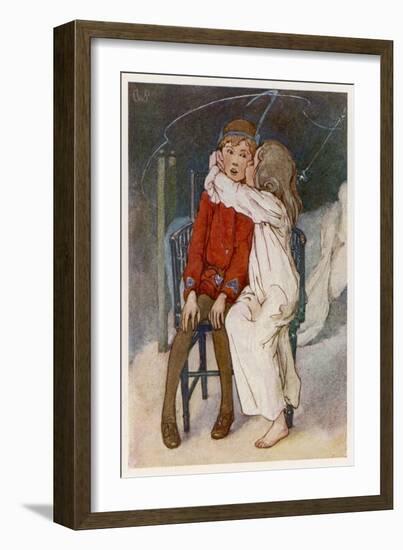 Peter Pan Being Kissed Gently on the Cheek by Wendy-Alice B. Woodward-Framed Art Print