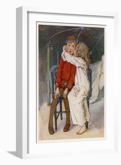 Peter Pan Being Kissed Gently on the Cheek by Wendy-Alice B. Woodward-Framed Art Print