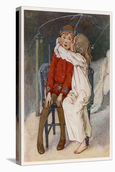 Peter Pan Being Kissed Gently on the Cheek by Wendy-Alice B. Woodward-Stretched Canvas