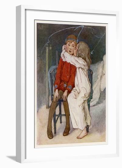 Peter Pan Being Kissed Gently on the Cheek by Wendy-Alice B. Woodward-Framed Art Print