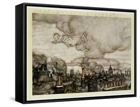 Peter Pan Flying over London, Illustration from 'Peter Pan' by J.M. Barrie-Arthur Rackham-Framed Stretched Canvas