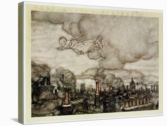 Peter Pan Flying over London, Illustration from 'Peter Pan' by J.M. Barrie-Arthur Rackham-Stretched Canvas