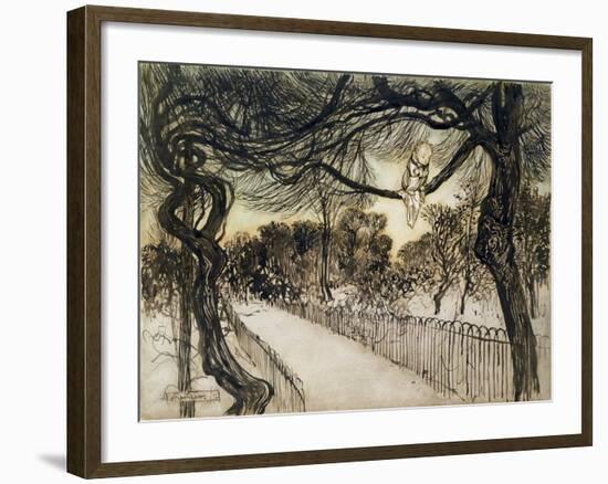 Peter Pan on a Branch, Scene from 'Peter Pan in Kensington Gardens' by J.M Barrie, 1912-Arthur Rackham-Framed Giclee Print