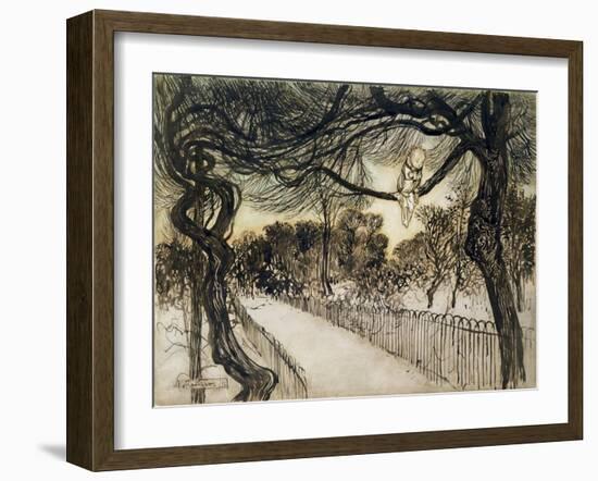 Peter Pan on a Branch, Scene from 'Peter Pan in Kensington Gardens' by J.M Barrie, 1912-Arthur Rackham-Framed Giclee Print