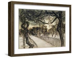 Peter Pan on a Branch, Scene from 'Peter Pan in Kensington Gardens' by J.M Barrie, 1912-Arthur Rackham-Framed Giclee Print