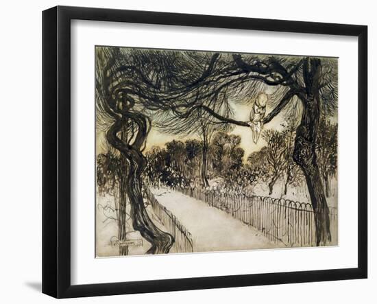 Peter Pan on a Branch, Scene from 'Peter Pan in Kensington Gardens' by J.M Barrie, 1912-Arthur Rackham-Framed Giclee Print