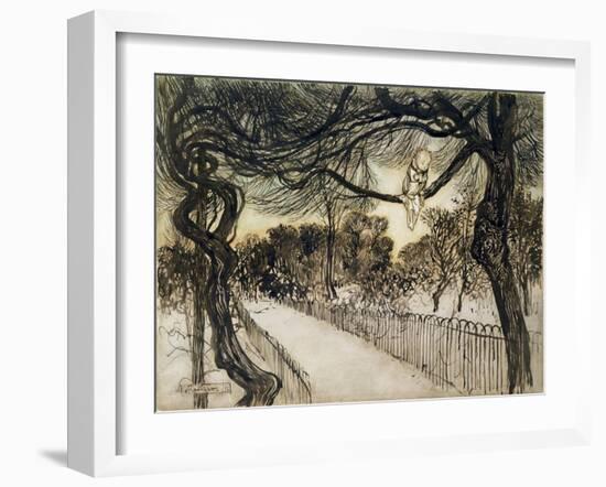 Peter Pan on a Branch, Scene from 'Peter Pan in Kensington Gardens' by J.M Barrie, 1912-Arthur Rackham-Framed Giclee Print