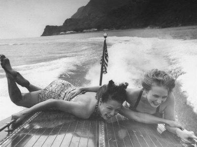 Betty Brooks and Patti McCarty Motor Boating at Catalina Island