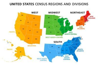 Map of United States Split into Census Regions and Divisions - Photographic Print, 12x8