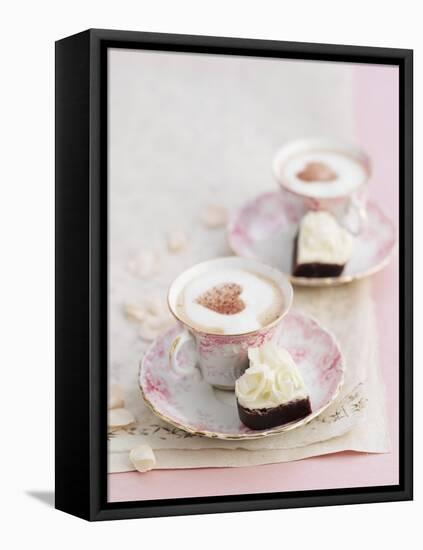 Petit Fours and Cappuccino Decorated with Cocoa Powder Hearts-Gareth Morgans-Framed Stretched Canvas