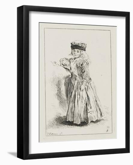 Petite fille en toquet, vêtue d'une robe rayée, debout-Jean Antoine Watteau-Framed Giclee Print