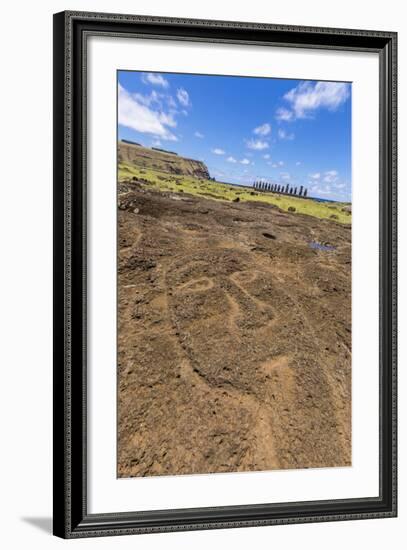 Petroglyphs Carved in the Lava at the 15 Moai Restored Ceremonial Site of Ahu Tongariki-Michael-Framed Photographic Print