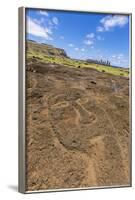 Petroglyphs Carved in the Lava at the 15 Moai Restored Ceremonial Site of Ahu Tongariki-Michael-Framed Photographic Print