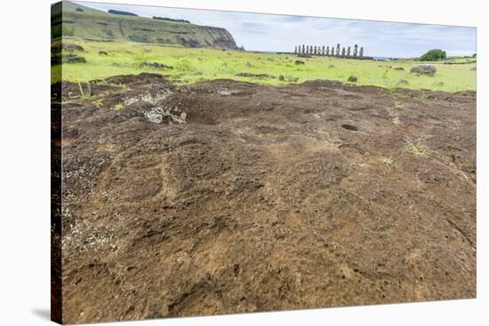 Petroglyphs Carved in the Lava at the 15 Moai Restored Ceremonial Site of Ahu Tongariki-Michael Nolan-Stretched Canvas