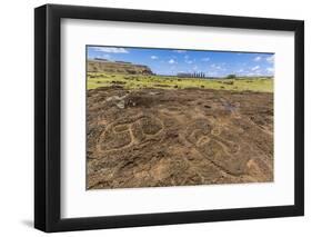 Petroglyphs Carved in the Lava at the 15 Moai Restored Ceremonial Site of Ahu Tongariki-Michael-Framed Photographic Print