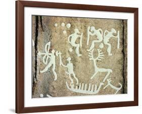 Petroglyphs; figures brandishing weapons, with a reindeer-Werner Forman-Framed Giclee Print