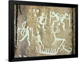 Petroglyphs; figures brandishing weapons, with a reindeer-Werner Forman-Framed Giclee Print