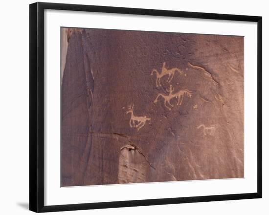 Petroglyphs of Native Americans Hunting on Horseback, Canyon De Chelly, Arizona-null-Framed Photographic Print