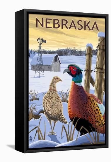 Pheasants - Nebraska-Lantern Press-Framed Stretched Canvas